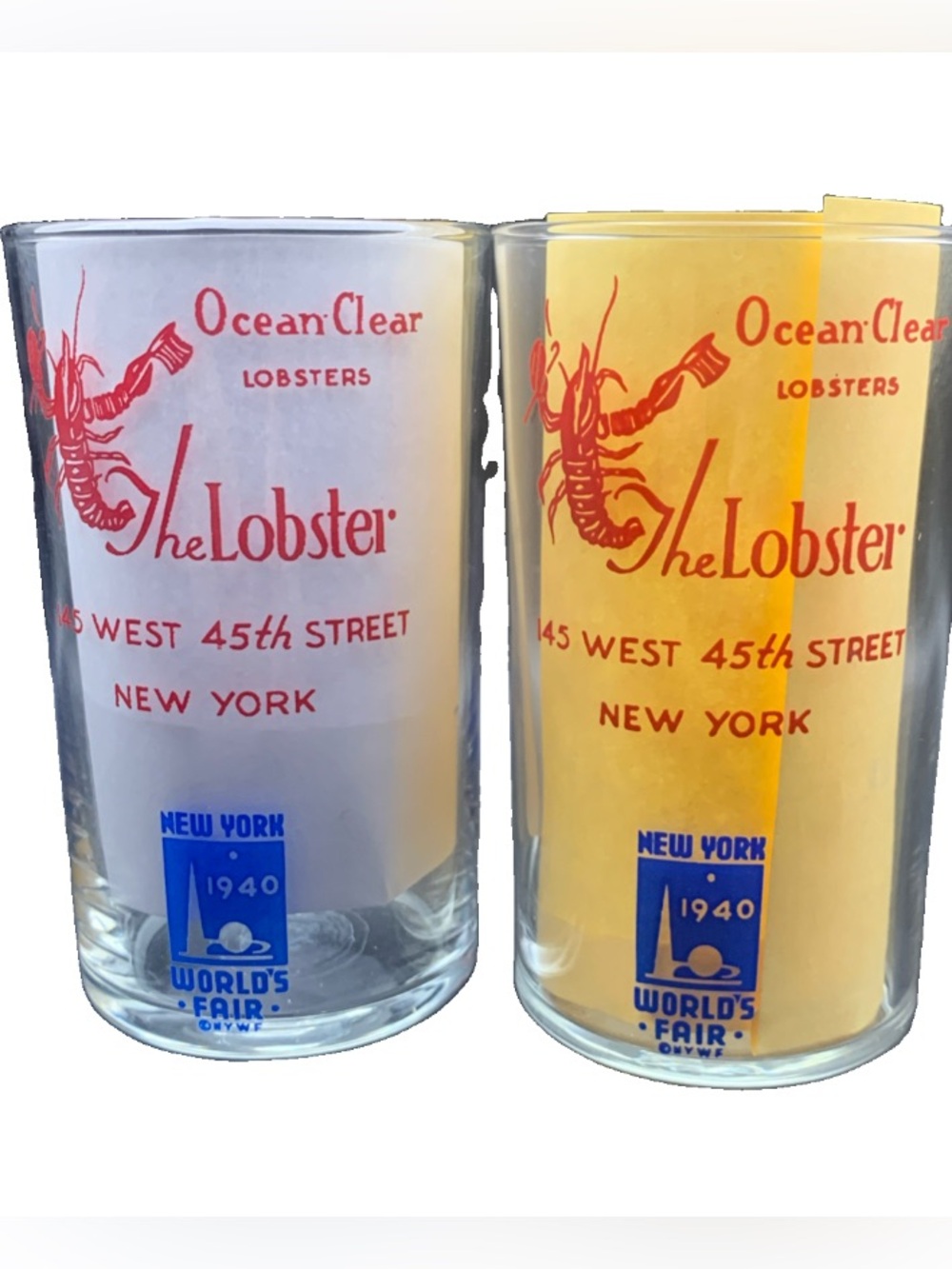 Vintage Ocean Clear Lobsters NYC 1940 World's Fair Advertising Glass Lot of 2